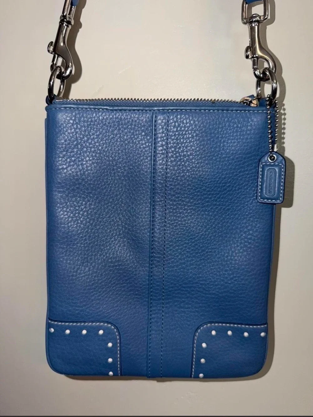 Coach Blue Pebbled Leather Crossbody with Stud Accents